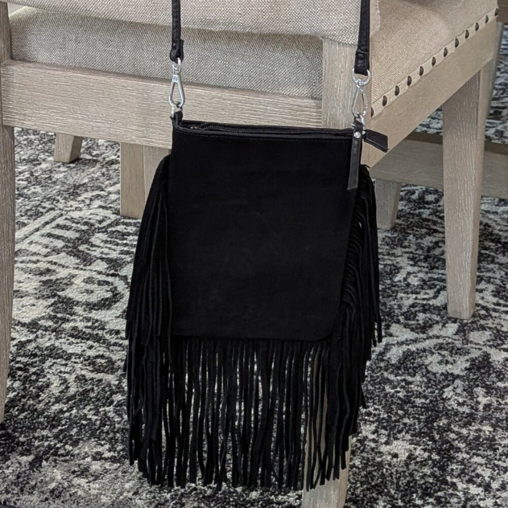 Black Suede Fringe Crossbody Bag